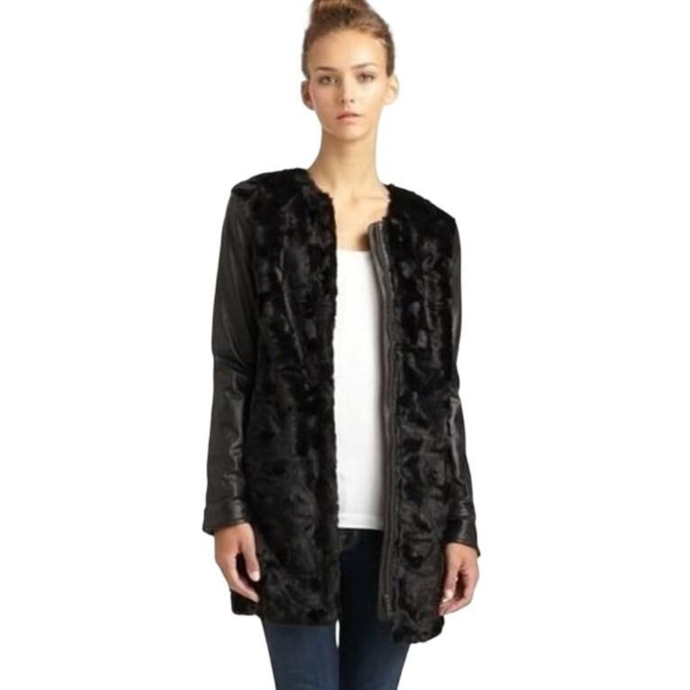 French Connection Coat Womens Size 2 Black Faux Fur Leather Sleeves Winter Luxe